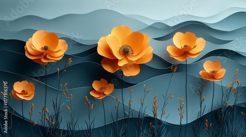 Orange paper flowers on blue hills. photo