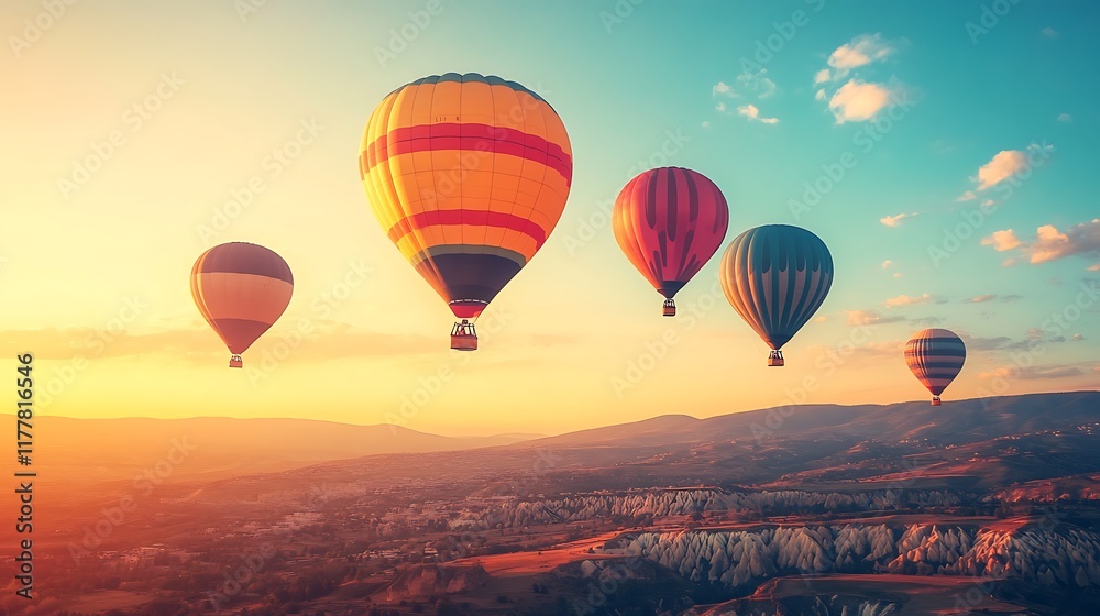 Obraz premium Dynamic Hot Air Balloons Gliding Over Lush Valley with Text Area