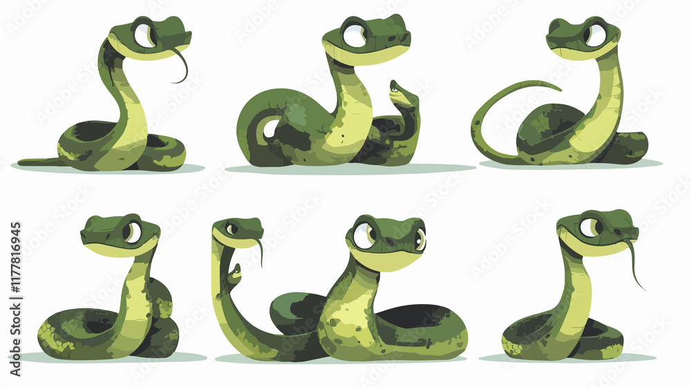 Obraz premium Colorful Snake in Different Poses: Cartoon Illustration with Wide Angle View