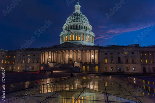 United States Capitol Building under a blue sky at sunset