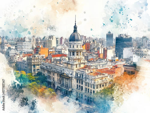 A bird's eye view of Buenos Aires' colonial architecture in pastel watercolor splashes.