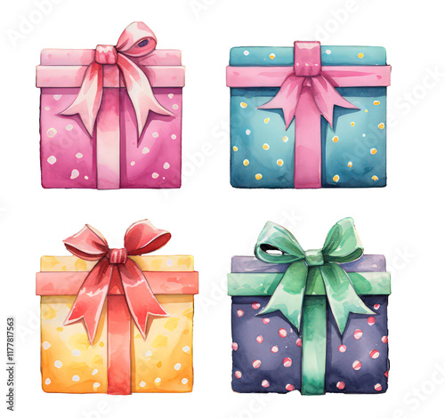 Watercolor gift box set on transparent background. Christmas, birthday, new year surprise presents with ribbon bow, elements for greeting cards