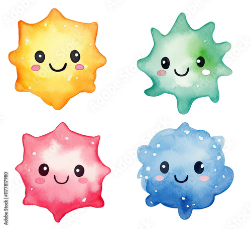Cute stars in a variety of bright shades depicted in soft watercolor illustration set on transparent background