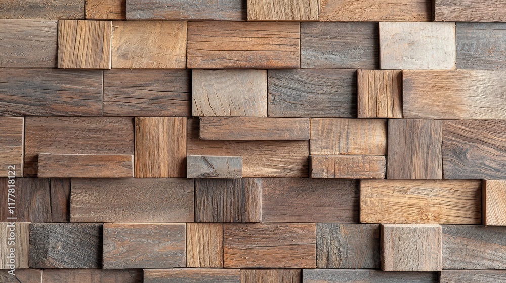 Fototapeta premium A textured wall made of various wooden blocks, showcasing a blend of natural colors and patterns.