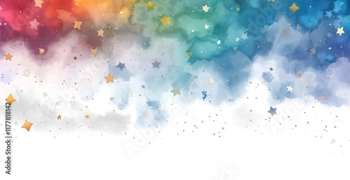 Watercolor colorful night space with stars border illustration on transparent background