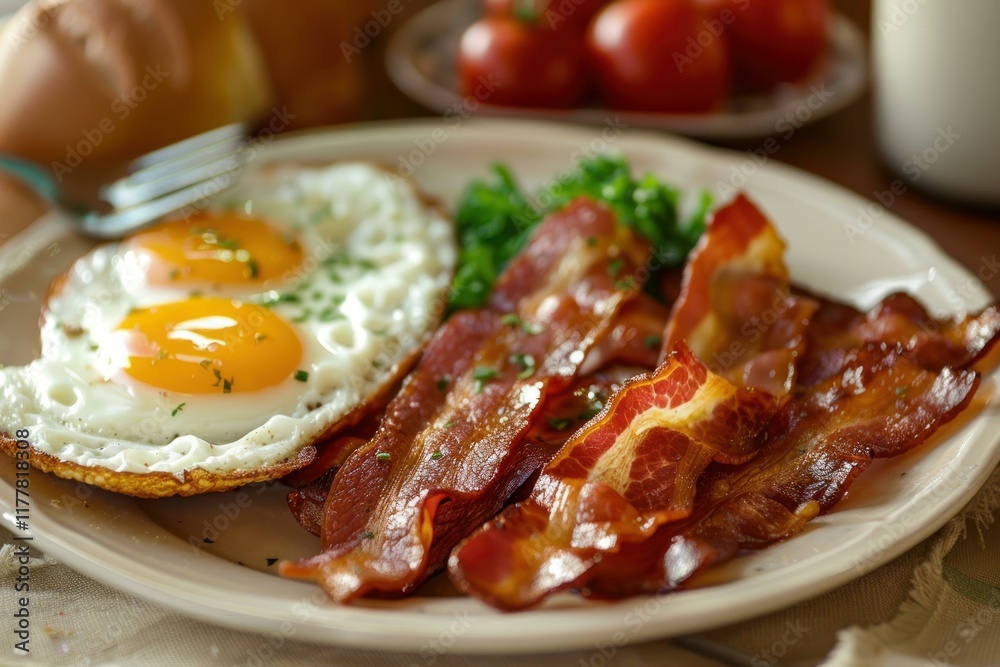 Hearty breakfast is served on a plate with crispy bacon and fried eggs Hearty breakfast is served on a plate with crispy bacon and fried eggs