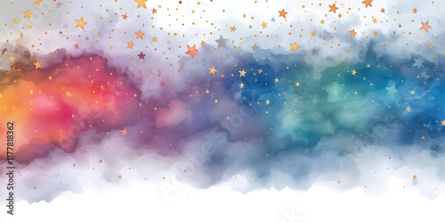 Watercolor colorful night space with stars border illustration on transparent background