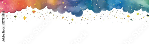 Watercolor colorful night space with stars border illustration on transparent background