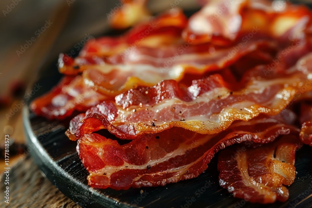 Delicious crispy bacon rashers stacked on dark wooden board are waiting to be eaten Delicious crispy bacon rashers stacked on dark wooden board are waiting to be eaten