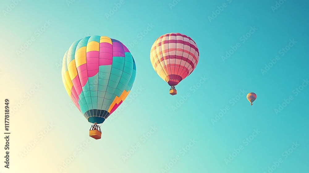 Fototapeta premium A vibrant, colorful hot air balloons over a clear sky with a clear area for text