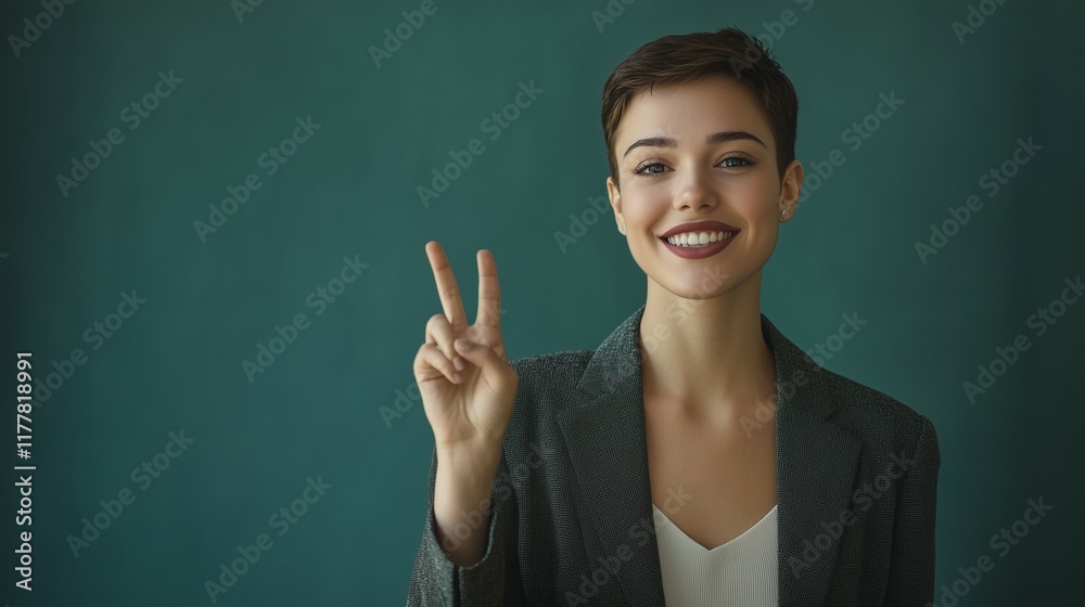 Confident Woman Smiling and Showing Peace Sign Confident Woman Smiling and Showing Peace Sign