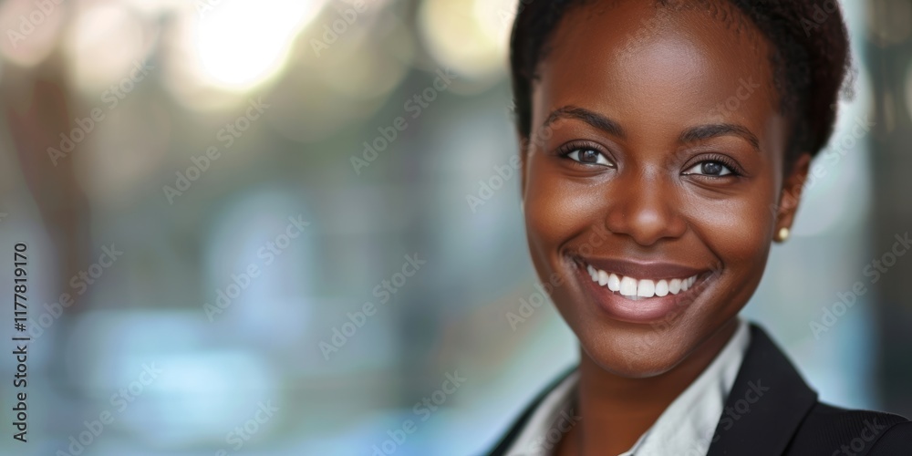 Fototapeta premium Confident smiling woman in a professional setting, showcasing success and leadership skills as a happy entrepreneur