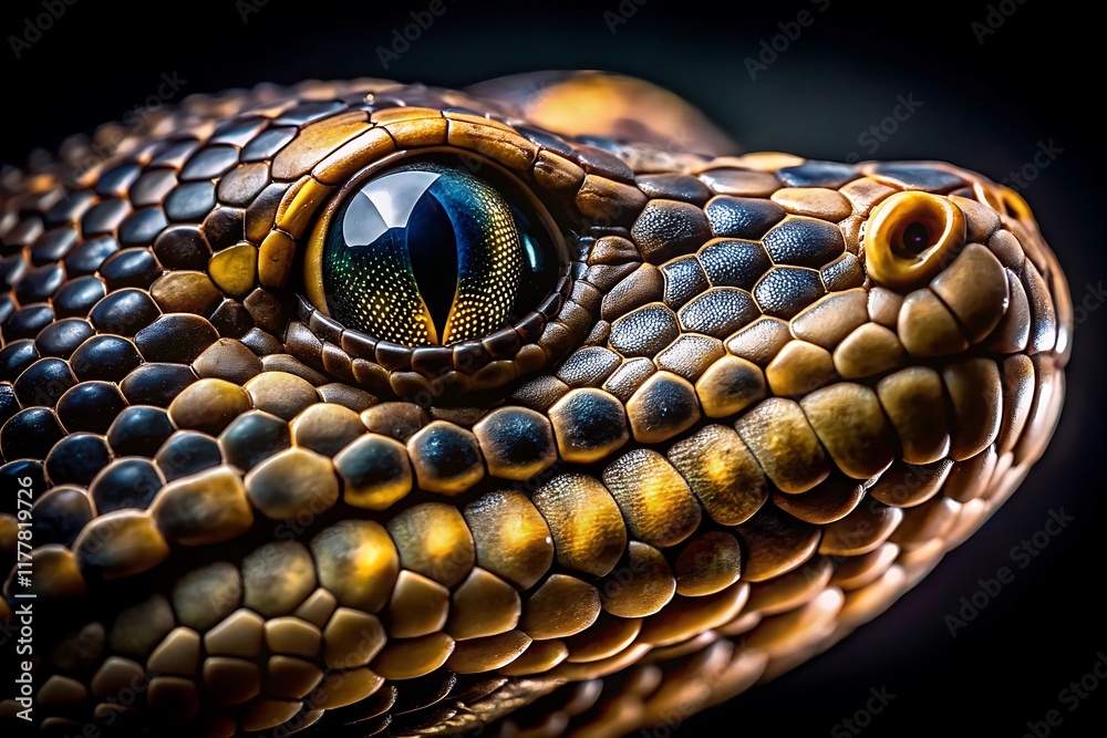 Fototapeta premium Snake head close up black and gold scales reptile