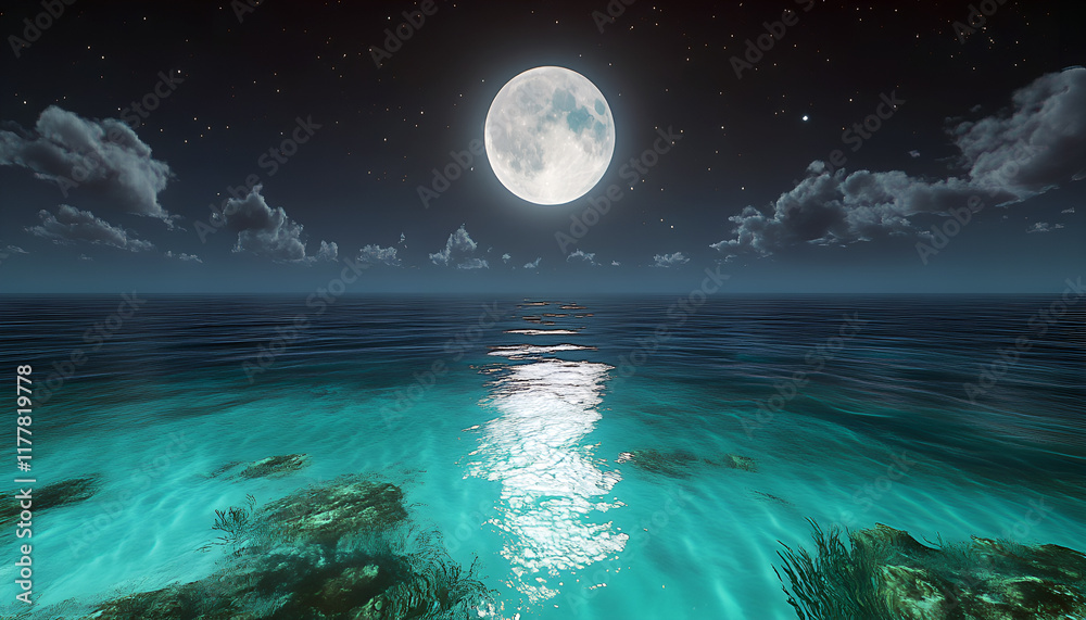 Fototapeta premium romantic and scenic panorama with full moon on sea to night