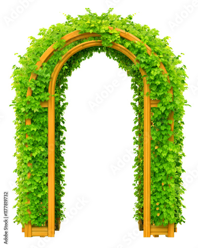 Green Ivy Arch. A decorative green arch adorned with leaves, perfect for weddings or garden events