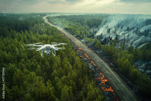 Drone monitoring forest fire with firebreak