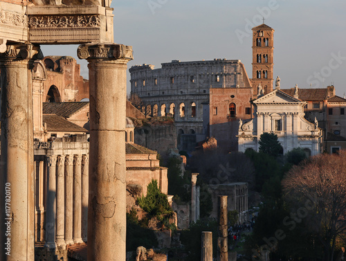 View of the Roman Forum from via del Campidoglio, at sunset. photo