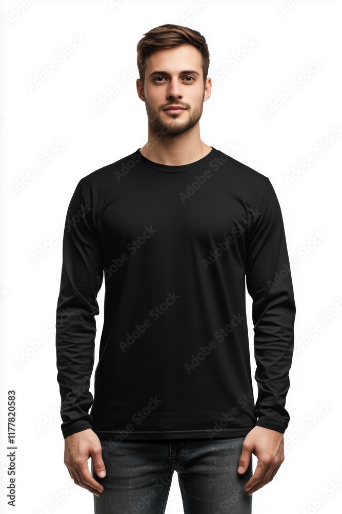 A young man wearing a black shirtlong sleeve T-shirt mockup and jeans, standing against a white background. He has a neutral expression and is looking directly at the camera. A young man wearing a black shirtlong sleeve T-shirt mockup and jeans, standing against a white background. He has a neutral expression and is looking directly at the camera.