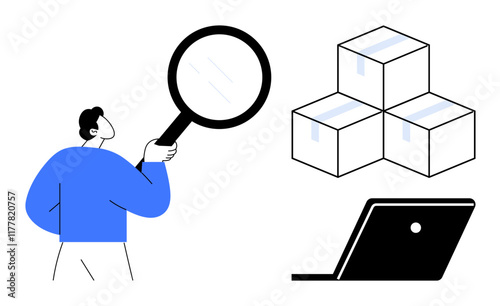 Businessperson examining with magnifying glass, three stacked packages, and laptop hint at business analysis, logistics, and digital workflow. Ideal for analytics, logistics, research, productivity