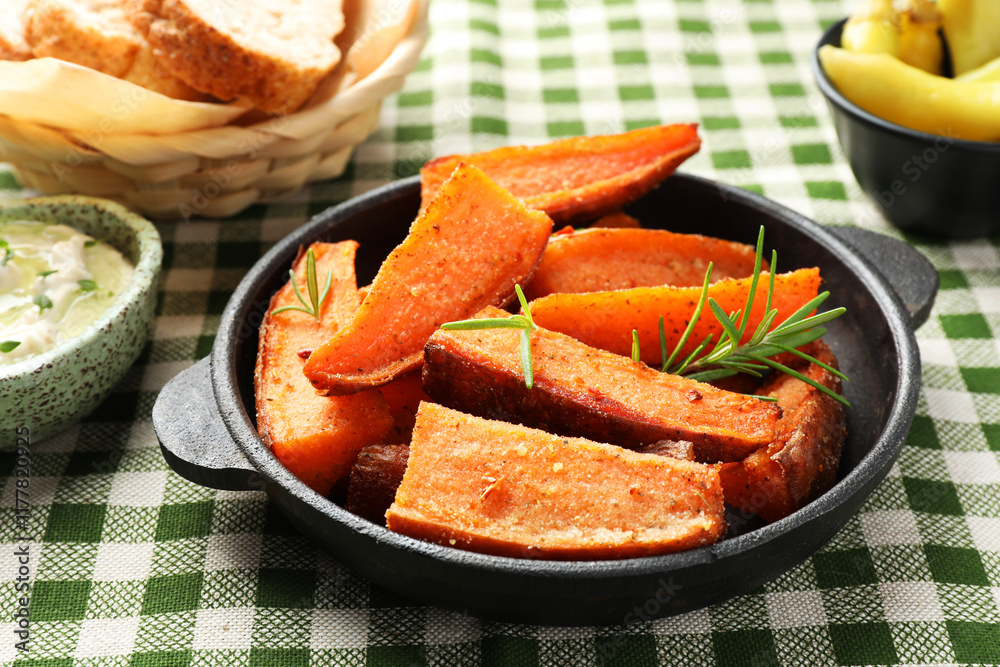 Pieces of tasty cooked sweet potato with rosemary in baking dish served on checkered tablecloth Pieces of tasty cooked sweet potato with rosemary in baking dish served on checkered tablecloth