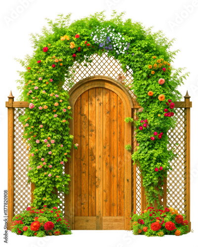 Beautiful winter arch with door, decorated with green leaves and flowers on Transparent Background