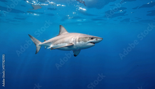 Gliding shortfin mako shark in clear blue ocean, marine elegance photo
