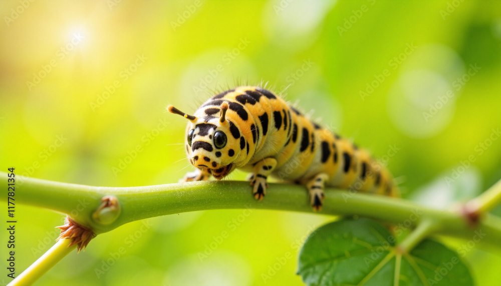 Caterpillar exploring plant stem in vibrant garden, nature's beauty Caterpillar exploring plant stem in vibrant garden, nature's beauty