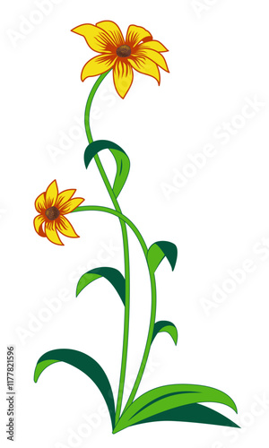 Stylized rudbeckia in ornamental style. Flowers of coneflower or black-eyed-susans. Decorative corner. Colorful vector floral design element.