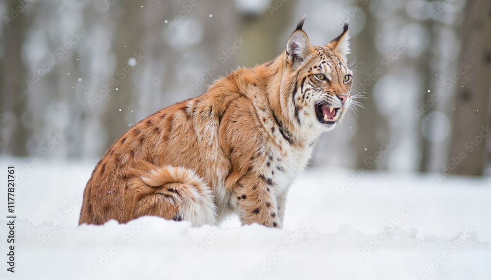 Obraz premium Lynx growling in snowy forest, fierce wildlife encounter