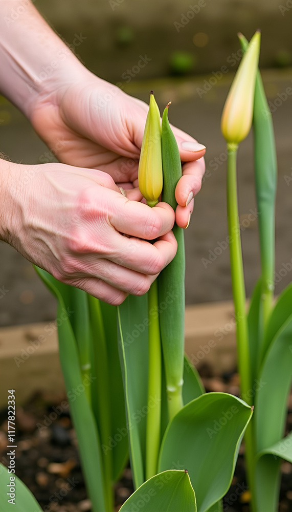 Gardener preparing tulip buds for blooming, attentive and skilled, in a nurturing environment Gardener preparing tulip buds for blooming, attentive and skilled, in a nurturing environment