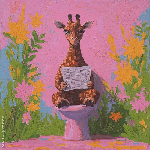 Cute giraffe sitting in the bathroom reading a newspaper