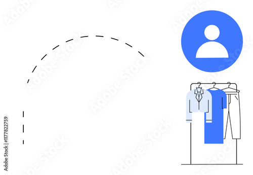 Clothing rack with shirts, trousers next to user profile icon. Ideal for e-commerce, fashion apps, personal shopping, wardrobe management, online retail, style guides, and user identity concepts