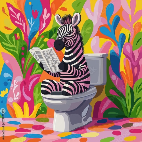 Cute zebra sitting in the bathroom reading a newspaper
