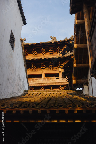 Traditional Chinese Wooden Pavilion and Tile Roof photo