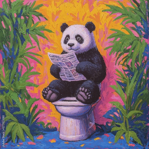 Cute panda sitting in the bathroom reading a newspaper photo