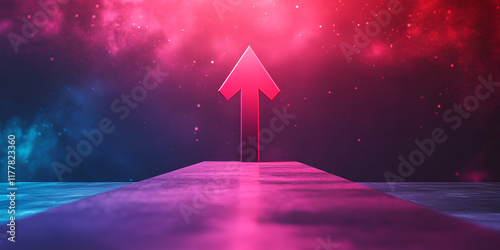 Futuristic Neon Arrow Path Leading to the Stars, Sci-Fi Abstract Pathway with Vibrant Neon Colors

