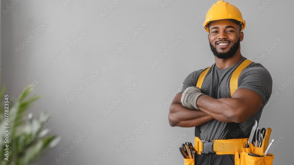 A man engineer in construction in a yellow hard hat and safety vest is holding a power tool. He is smiling and he is enjoying his work A man engineer in construction in a yellow hard hat and safety vest is holding a power tool. He is smiling and he is enjoying his work