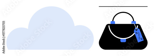 Cloud symbol next to a handbag with a price tag. Ideal for e-commerce, fashion industry, online shopping, retail analytics, inventory management, virtual storefronts, technology integration. Abstract