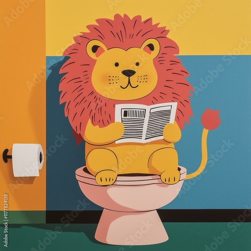 Cute lion sitting in the bathroom reading a newspaper