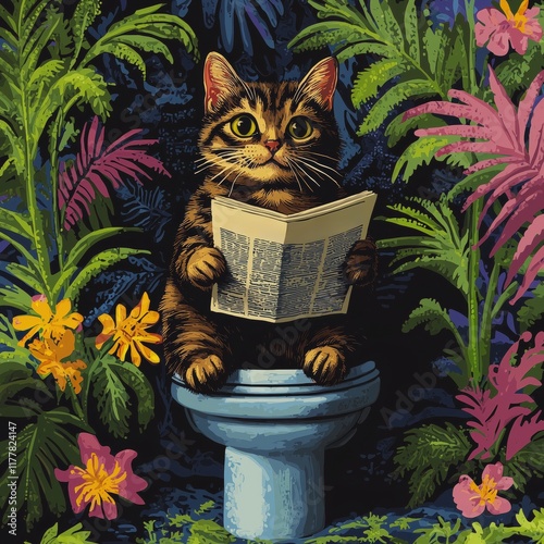 Cute cat sitting in the bathroom reading a newspaper