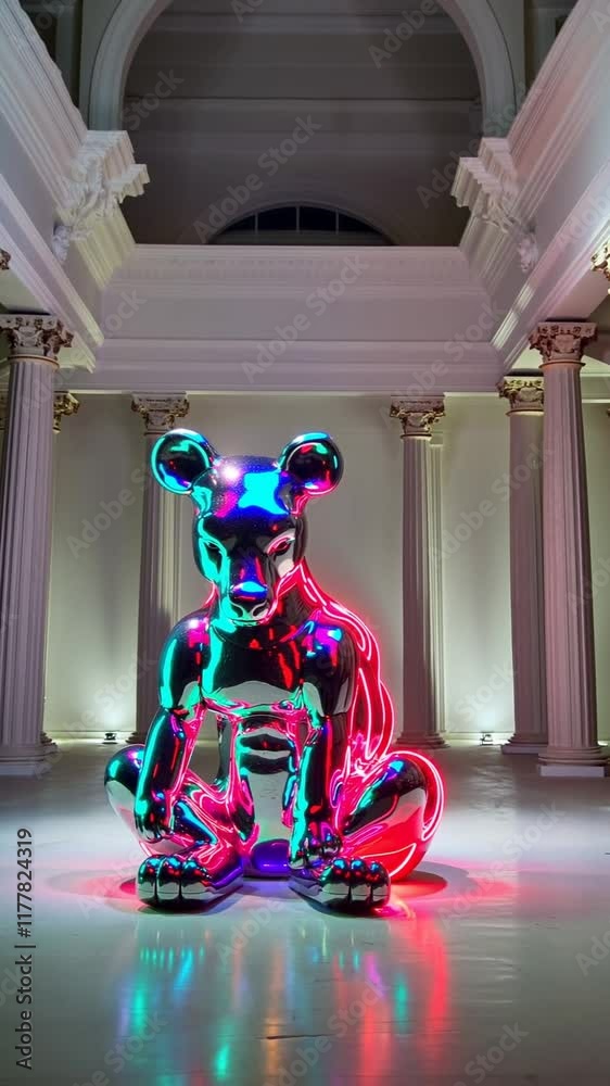 Sculpture futuriste d’un ours en chrome avec lumières néon dans une galerie classique