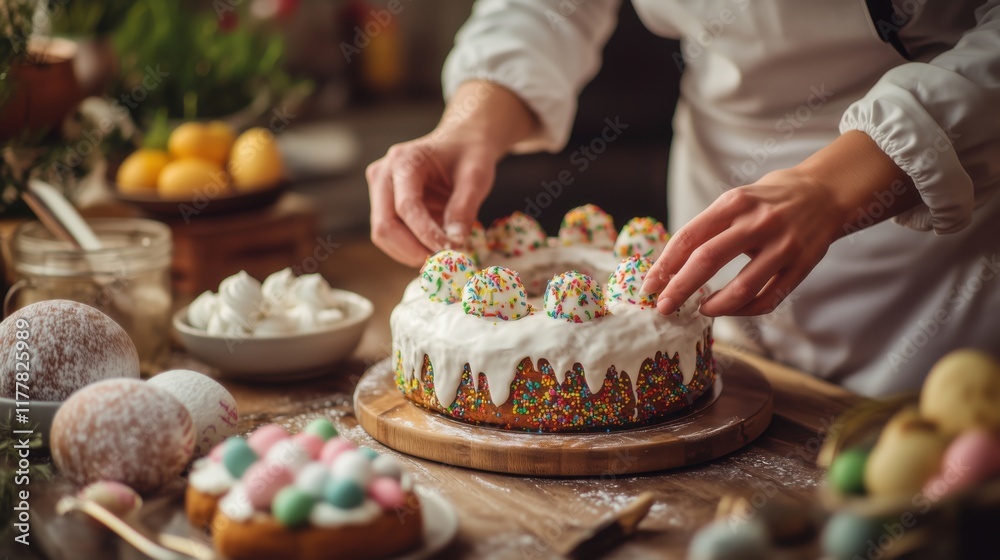 Celebrating with a festive cake preparation in a cozy kitchen during springtime Celebrating with a festive cake preparation in a cozy kitchen during springtime