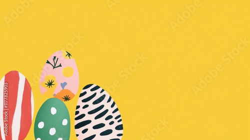 Colorful decorated eggs display on bright yellow background for festive celebrations and spring festivities