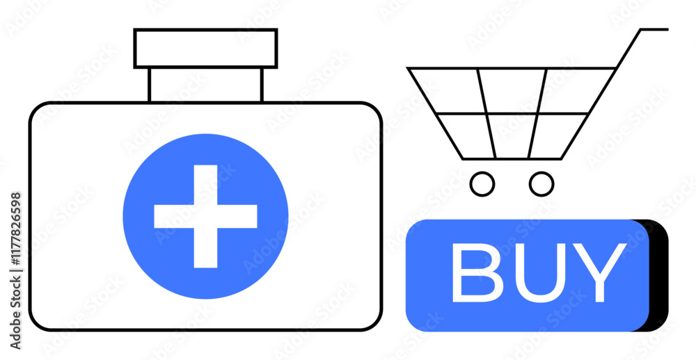 Obraz premium Medical bag with a blue cross, shopping cart, and blue BUY button represent online pharmacy shopping. Ideal for e-commerce, medical services, health apps, pharmaceutical marketing, telemedicine