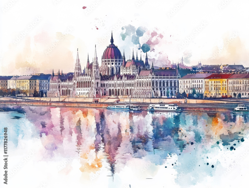 Obraz premium Charming watercolor design of the Danube and Parliament, showcasing elegant pastel blends and charm.