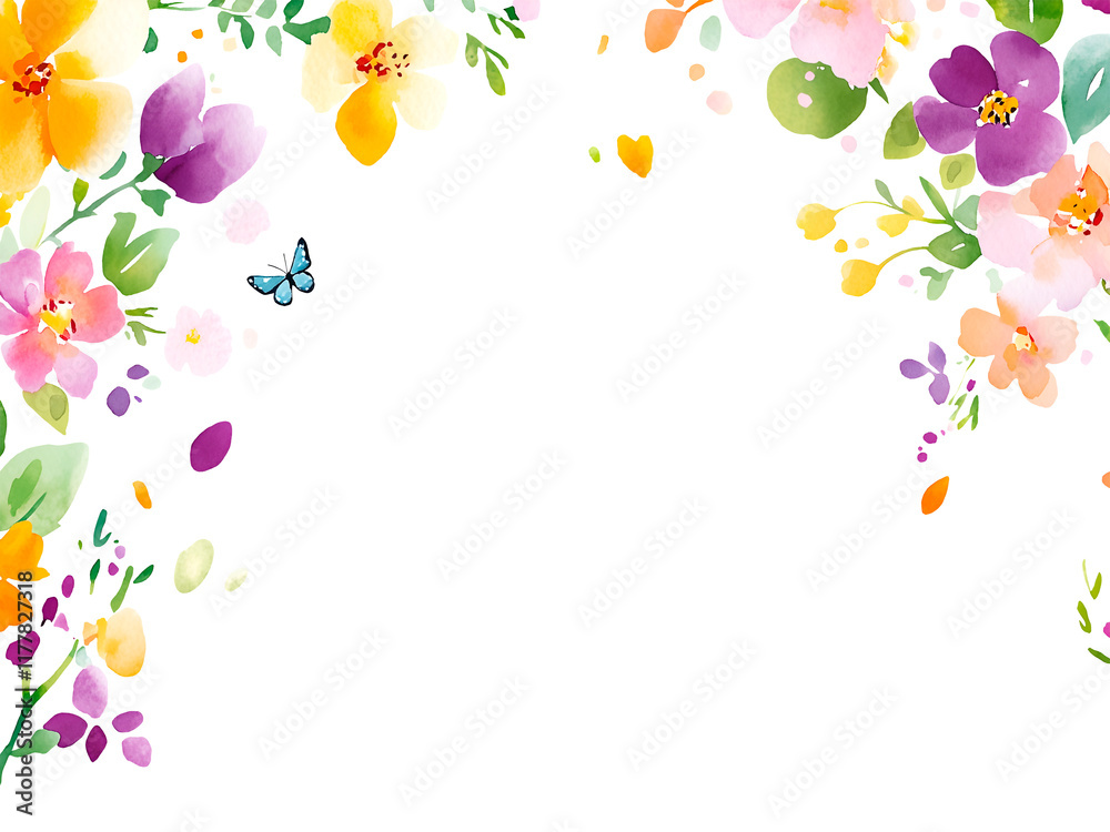 greeting card mockup with a frame of watercolour flowers, transparent background