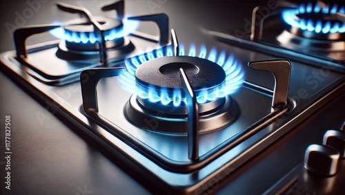 Burning burners of a home gas stove.
