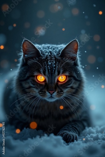 Majestic Cat in Winter Snow with Glowing Eyes