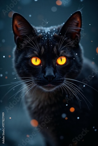 Black Cat with Glowing Eyes Night Mystical Animal