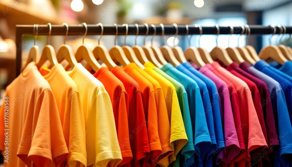 Obraz premium Vibrant Rainbow Collection of Colorful T-Shirts Hanging on Wooden Hangers in Modern Retail Clothing Store